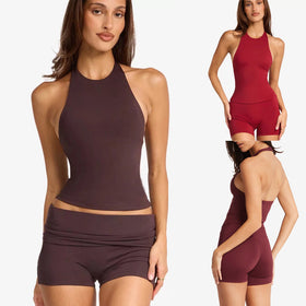 Womens Halter Neck Yoga Set with High Waist Shorts