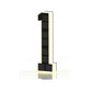 Black and gold solar house number 1, solar cells across the face and a warm glowing outline, front view