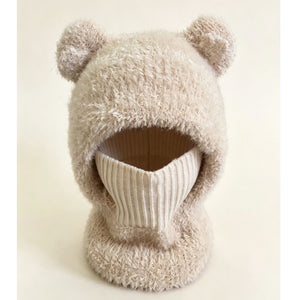 Beige fluffy knit bear ear balaclava hood with a cream ribbed neck tube on a mannequin head