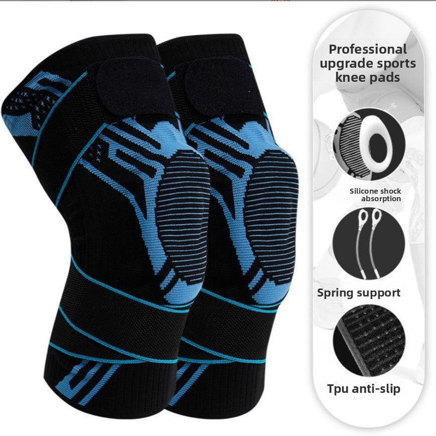 Sports knee brace with reinforced padded kneecap panel and adjustable support strap