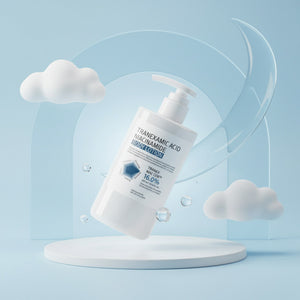 White pump bottle of tranexamic acid and niacinamide body lotion on a pale blue podium with clouds
