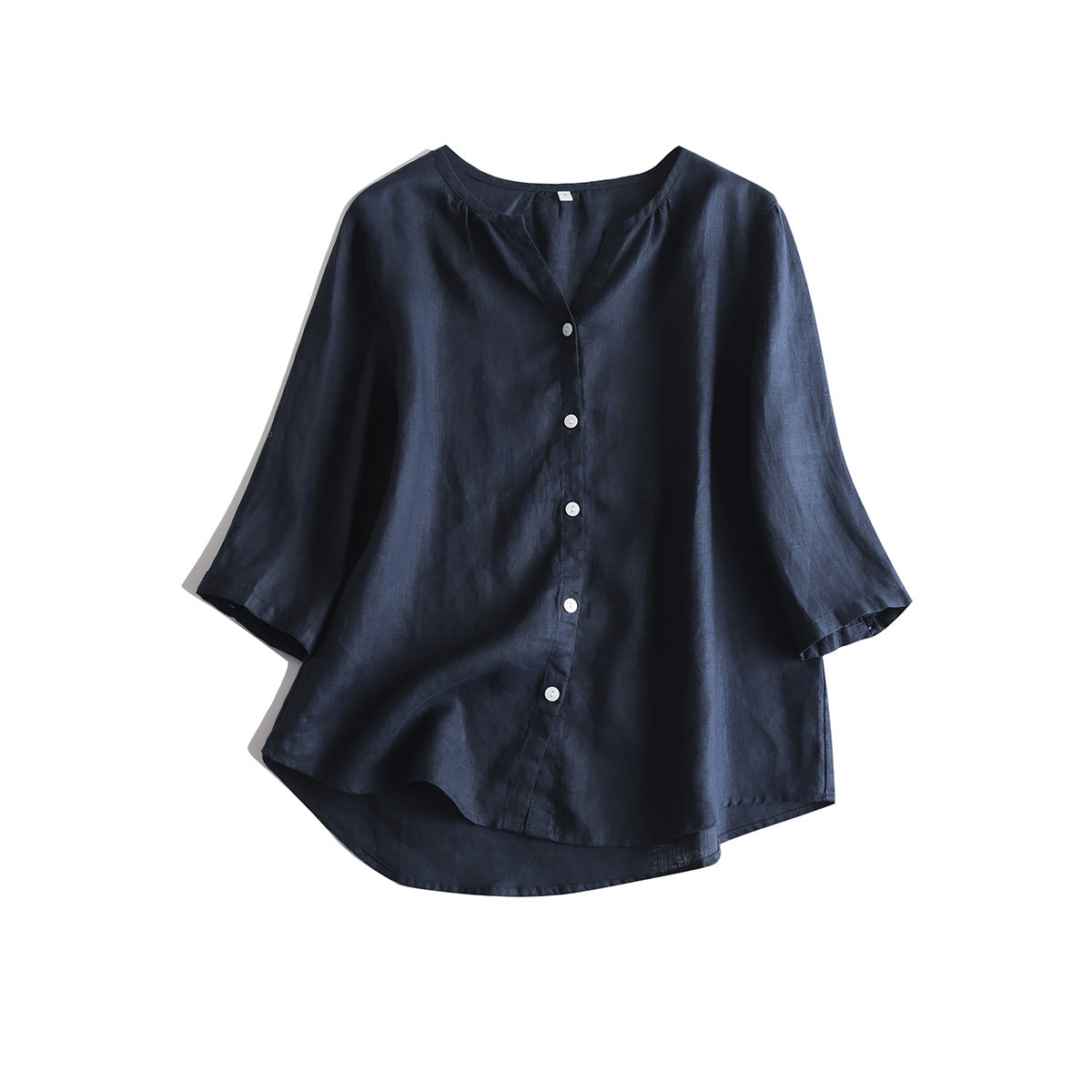 Pure linen V neck loose shirt with three quarter sleeves on a model