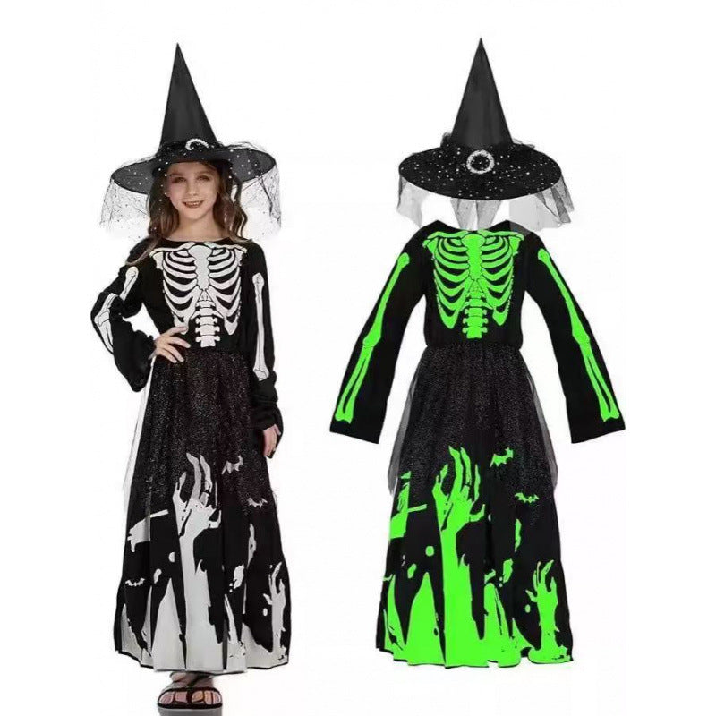 Girl in a black skeleton print witch dress with a pointed hat and veil, Witch Dress option, 130cm