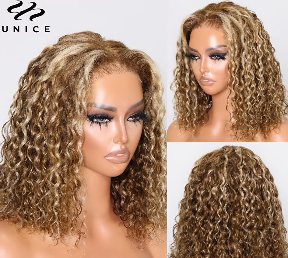 Short curly synthetic lace front bob wig shown on a model or wig stand