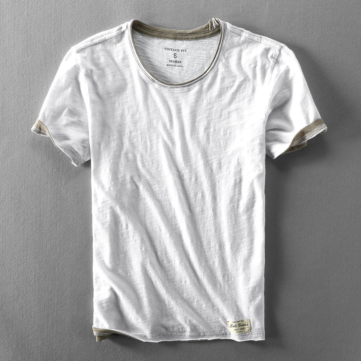 White washed slub cotton short sleeve tee, front flat lay with faux two layer trim, size XXL