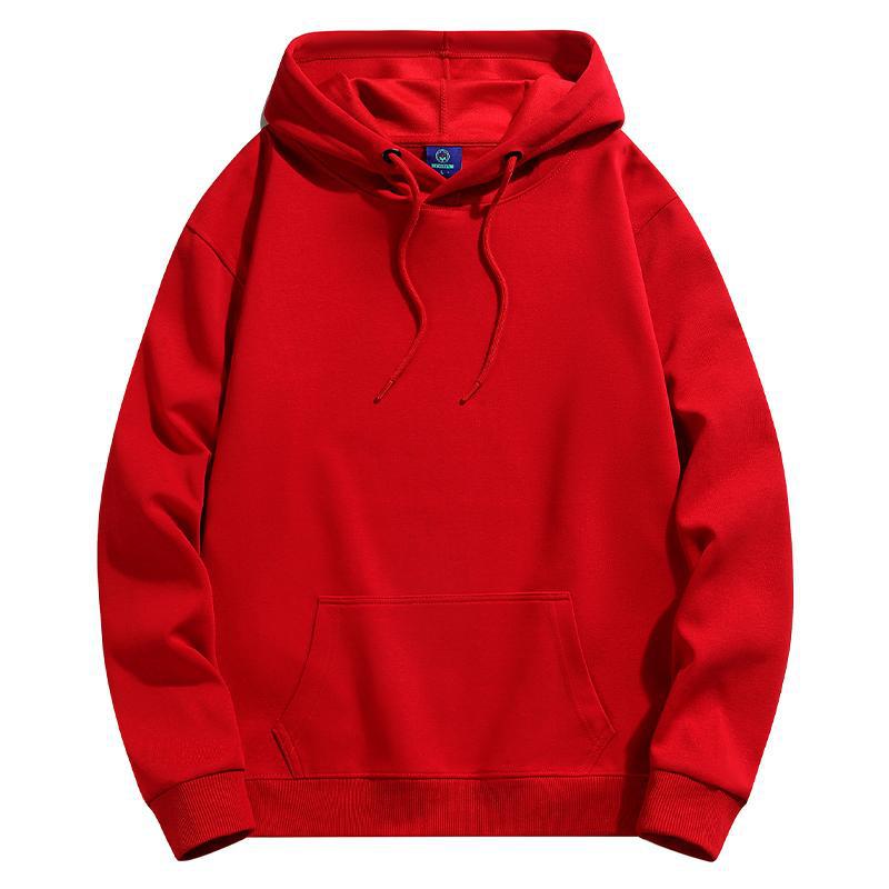 Red heavyweight pullover hoodie with drawstring hood and kangaroo pocket, front view, size XXL option