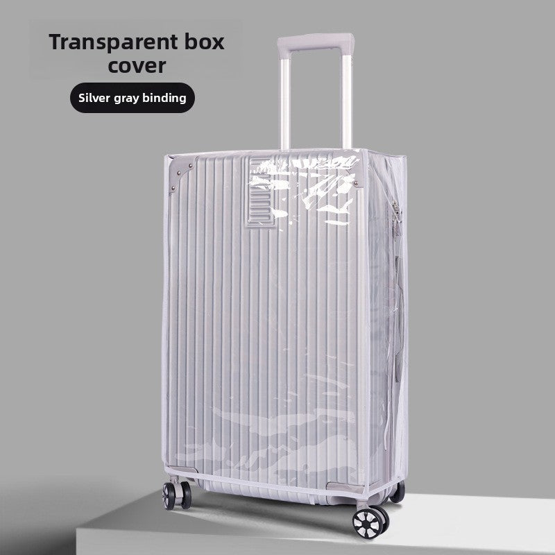 Clear PVC suitcase cover with a bound edge and a cutout for the trolley handle