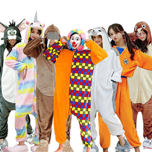 Group of people in animal and character onesies, including a gray cat, a rainbow unicorn, a clown and a walrus