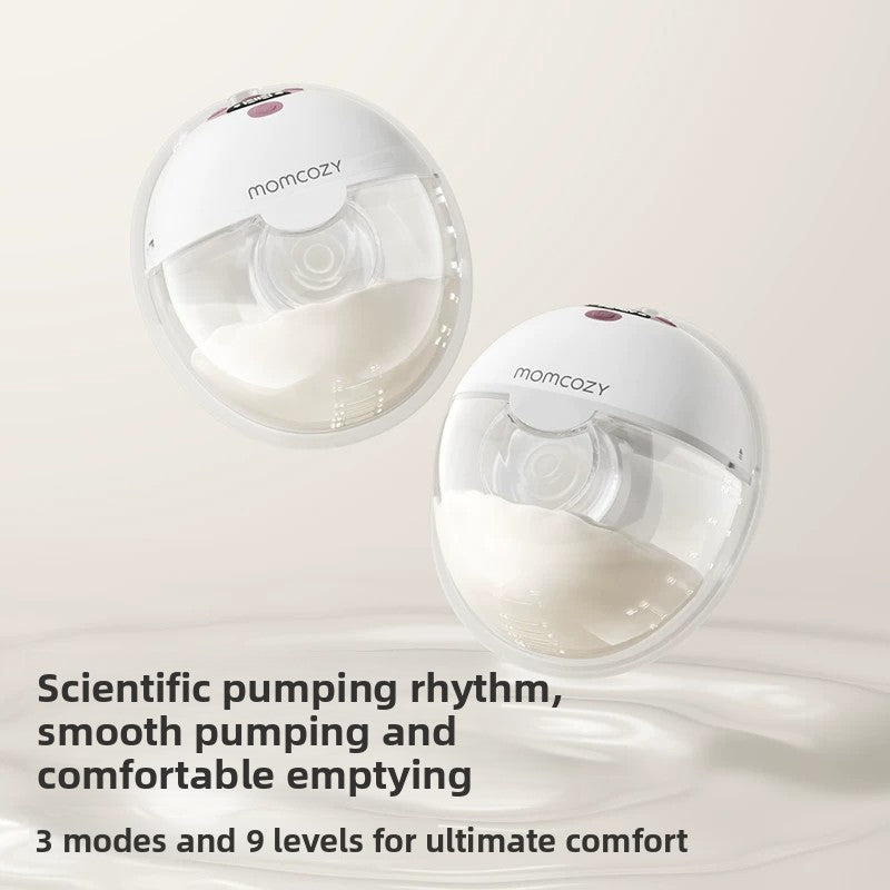 Two wearable breast pumps above a maker caption giving three modes and nine levels