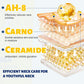 Ingredient diagram of the neck cream showing peptide, carnosine and ceramide droplets layered over a skin surface