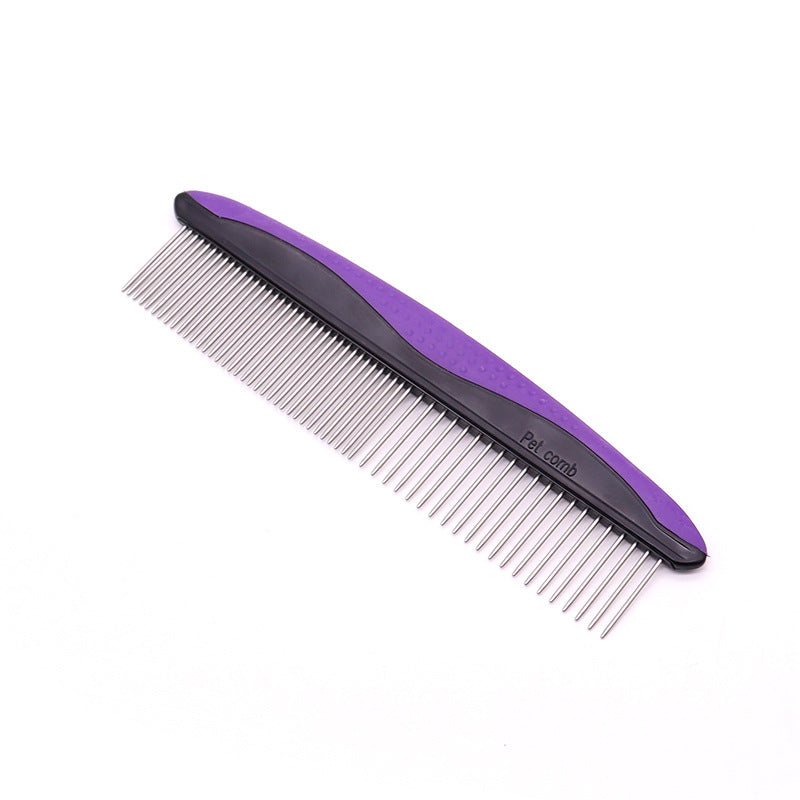 Stainless steel pin pet grooming comb with an ergonomic curved handle