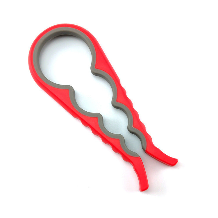 Jar and bottle opener shown in red with its wavy handle