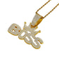 Crown pendant necklace worn on the chest over a plain tee