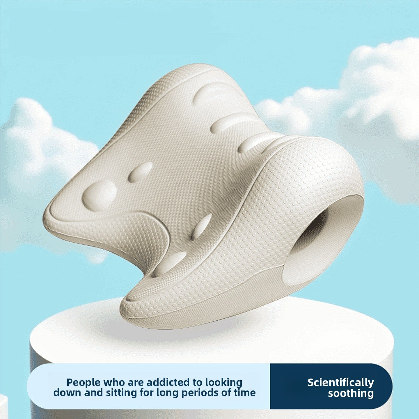 Off white moulded EVA neck rest on a white plinth against a blue sky backdrop