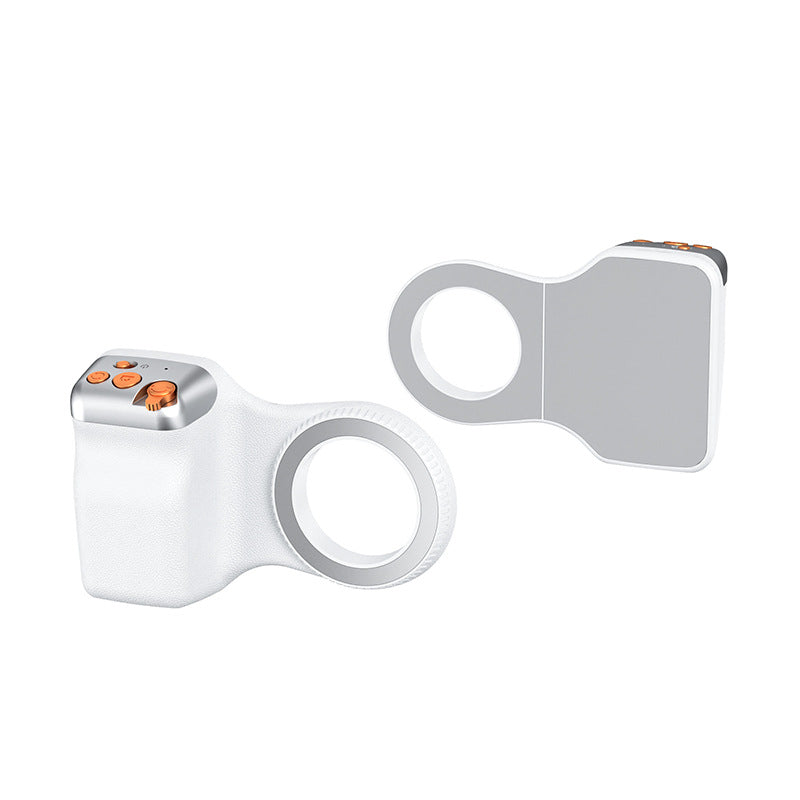 White phone camera grip beside its magnetic ring showing the top control buttons