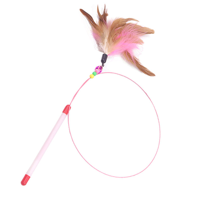 Pink handled cat teaser wand with a brown and pink feather tuft on a coiled steel wire