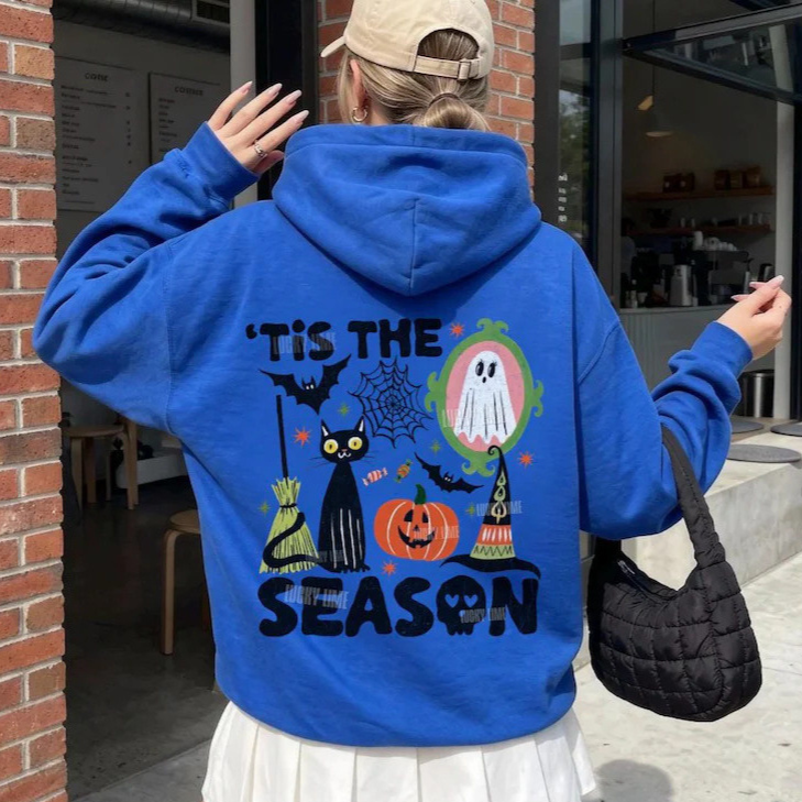 Royal blue version of the Halloween back print hoodie, a gallery color that is not among the color options