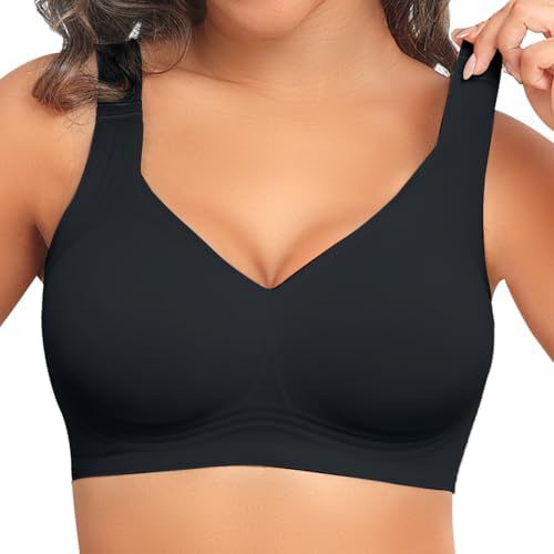 Black seamless wireless bra with wide straps, close up on a model, Black option, size 2XL