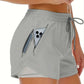 A light purple flat lay of womens elastic fitness shorts with curved tulip hem