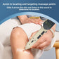 Close up of a hand gliding the massage pen with an LCD display across the skin near the knee
