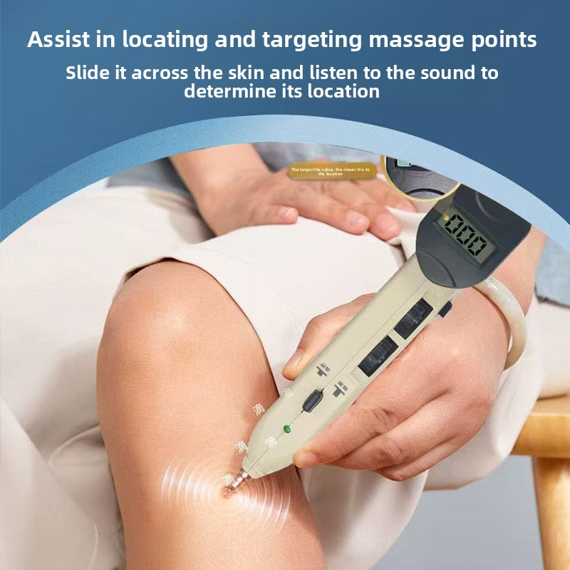 Close up of a hand gliding the massage pen with an LCD display across the skin near the knee
