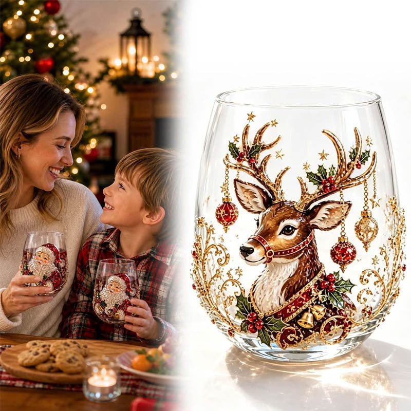 Clear borosilicate Christmas glass cup with a raised painted 3D reindeer holiday motif