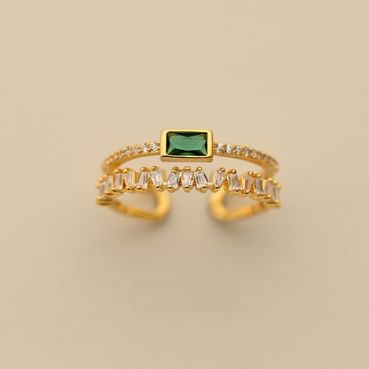 Vintage double-layer ring with green zircon, front view of the split shank band