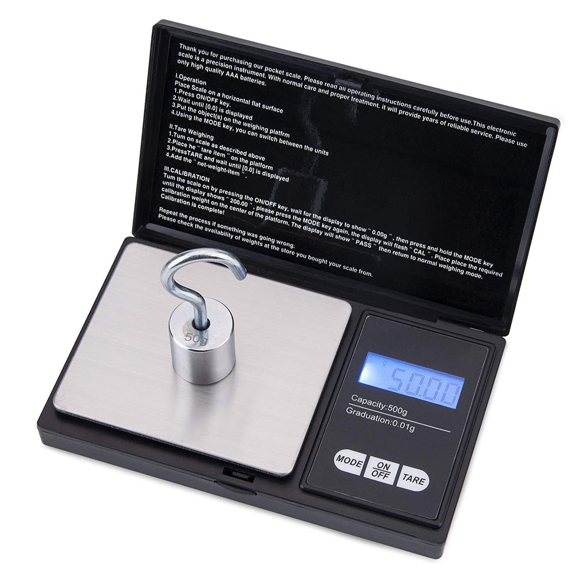 Pocket scale, 500 g by 0.01 g option, with a hooked calibration weight on the platform and the lid open