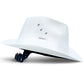 White cowboy shaped HDPE safety helmet with wide brim and crown vents