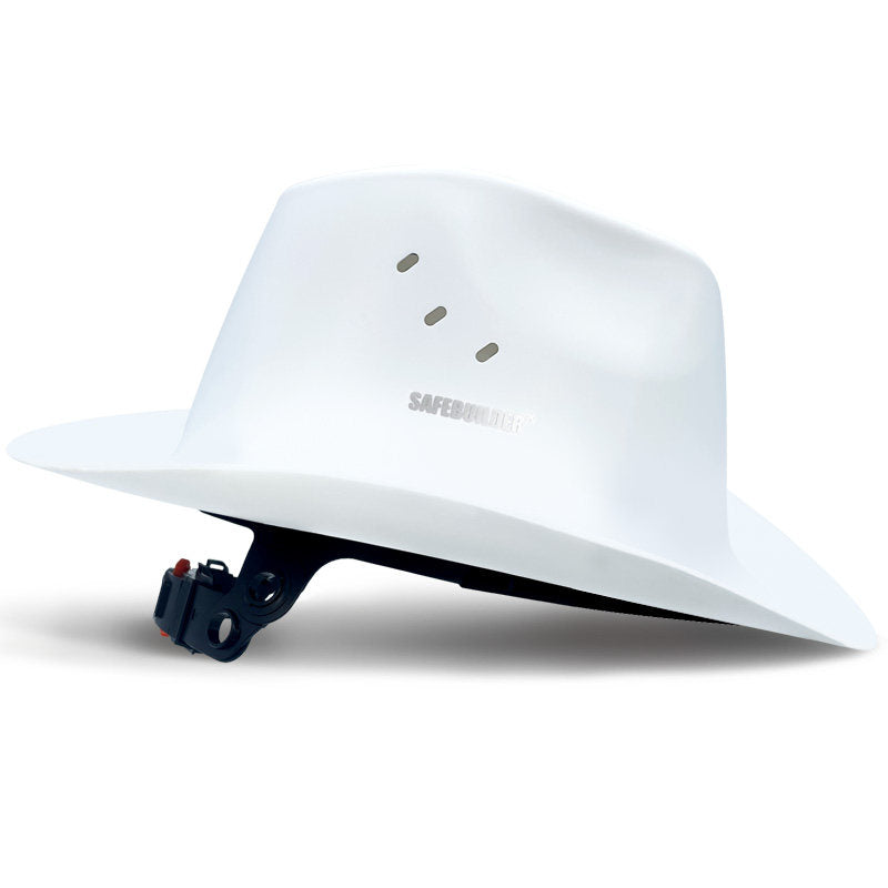 White cowboy shaped HDPE safety helmet with wide brim and crown vents