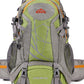 Green and gray hiking backpack with orange zipper trim, hip belt and side mesh pockets, front view