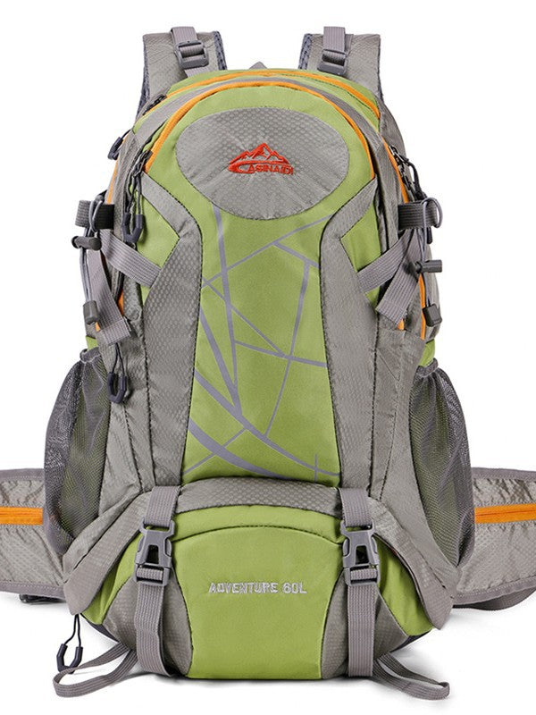 Green and gray hiking backpack with orange zipper trim, hip belt and side mesh pockets, front view