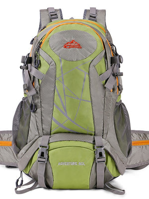 Green and gray hiking backpack with orange zipper trim, hip belt and side mesh pockets, front view