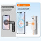Graphic comparing an off center phone with a phone centered on the magnetic palm grip, gravity line shown