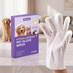 Purple EelJoy pet glove wipes box, 3 pairs, beside a white honeycomb textured glove wipe with a dog behind