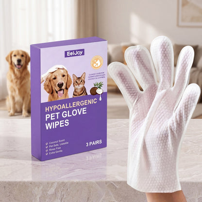 Purple EelJoy pet glove wipes box, 3 pairs, beside a white honeycomb textured glove wipe with a dog behind