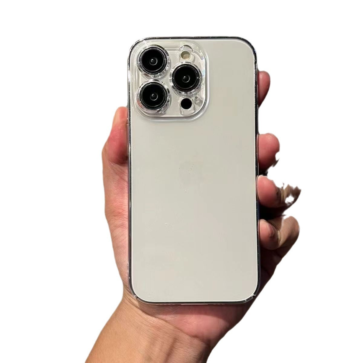 Hand holding an iPhone in a clear hard case on a white background
