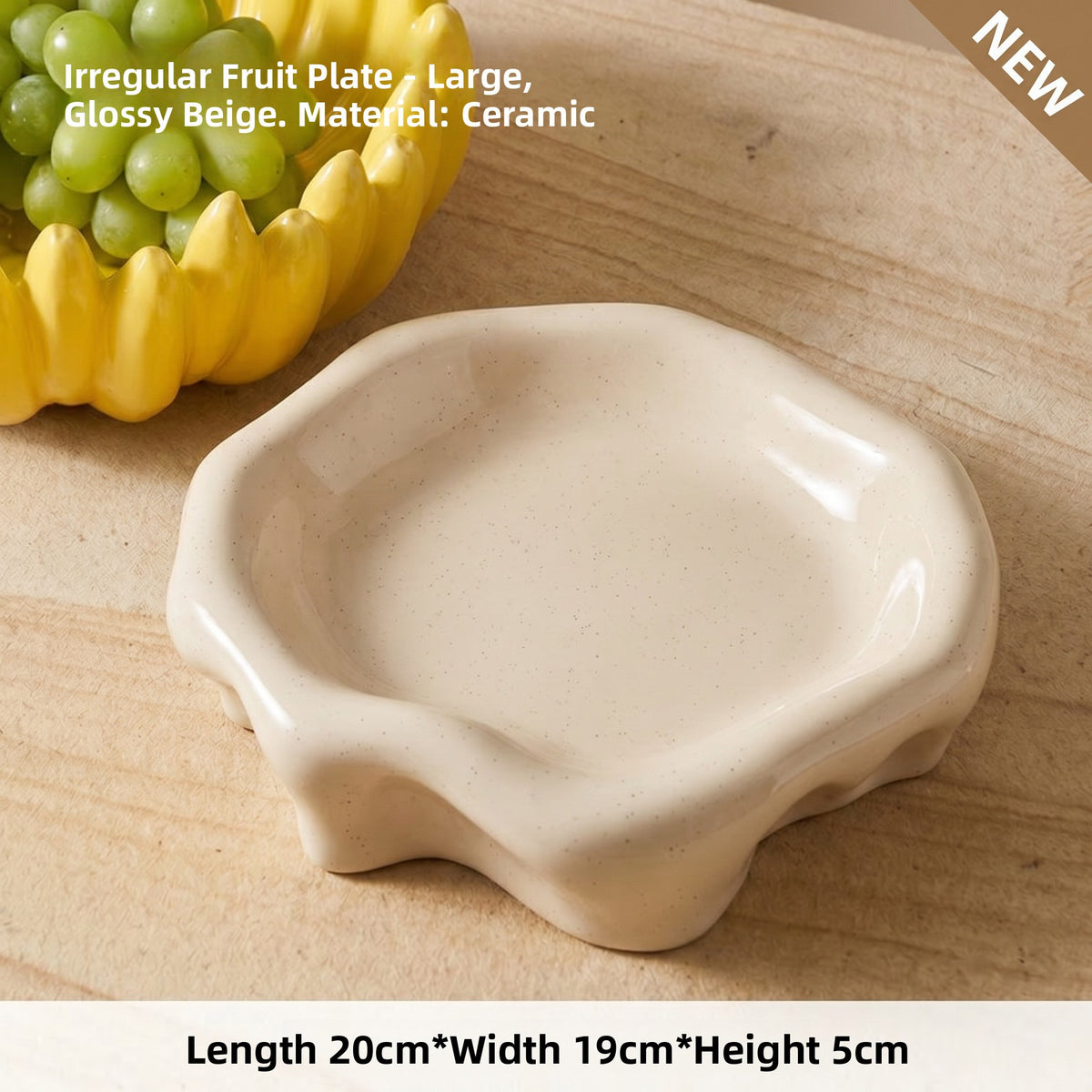 Glossy beige ceramic wavy edge storage tray, 20 x 19 x 5 cm, 8in option