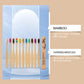 Row of bamboo toothbrushes fanned out showing eleven bristle colors