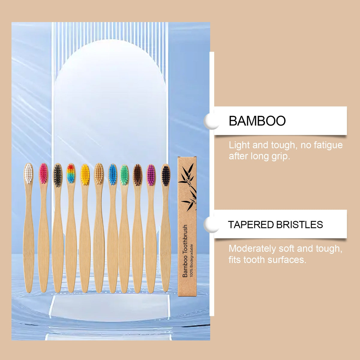 Row of bamboo toothbrushes fanned out showing eleven bristle colors