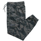 Mens loose fit camo cargo joggers with elastic ankle cuffs shown on a plain background