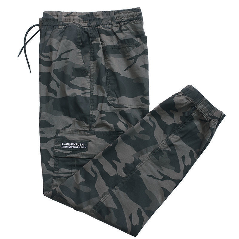 Mens loose fit camo cargo joggers with elastic ankle cuffs shown on a plain background