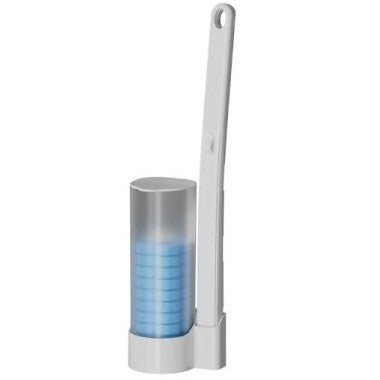 White toilet brush handle beside a frosted holder with a stack of blue sponge heads, lavender scent 12 pcs option