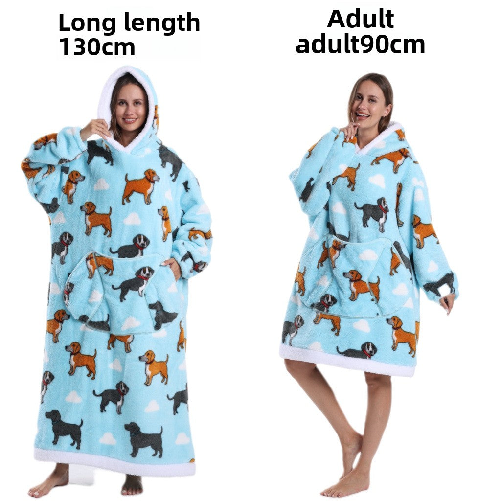 Blue Dog hooded fleece pullover, light blue with brown and black dog prints, 90 cm adult length option