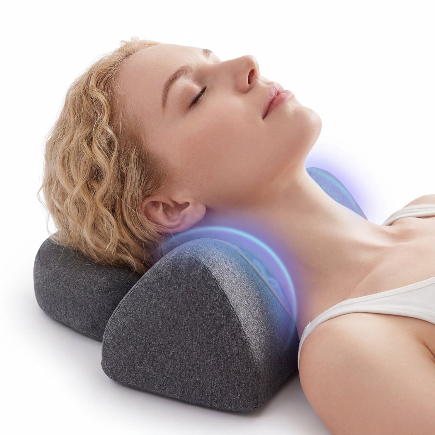 Cervical pillow shown supporting the neck while lying down