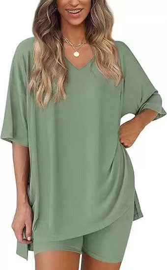 Mint Green milk silk V neck loungewear set, oversized top and matching shorts, size M