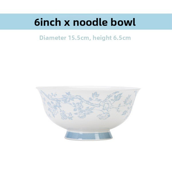6 inch porcelain noodle bowl with a blue plum blossom pattern