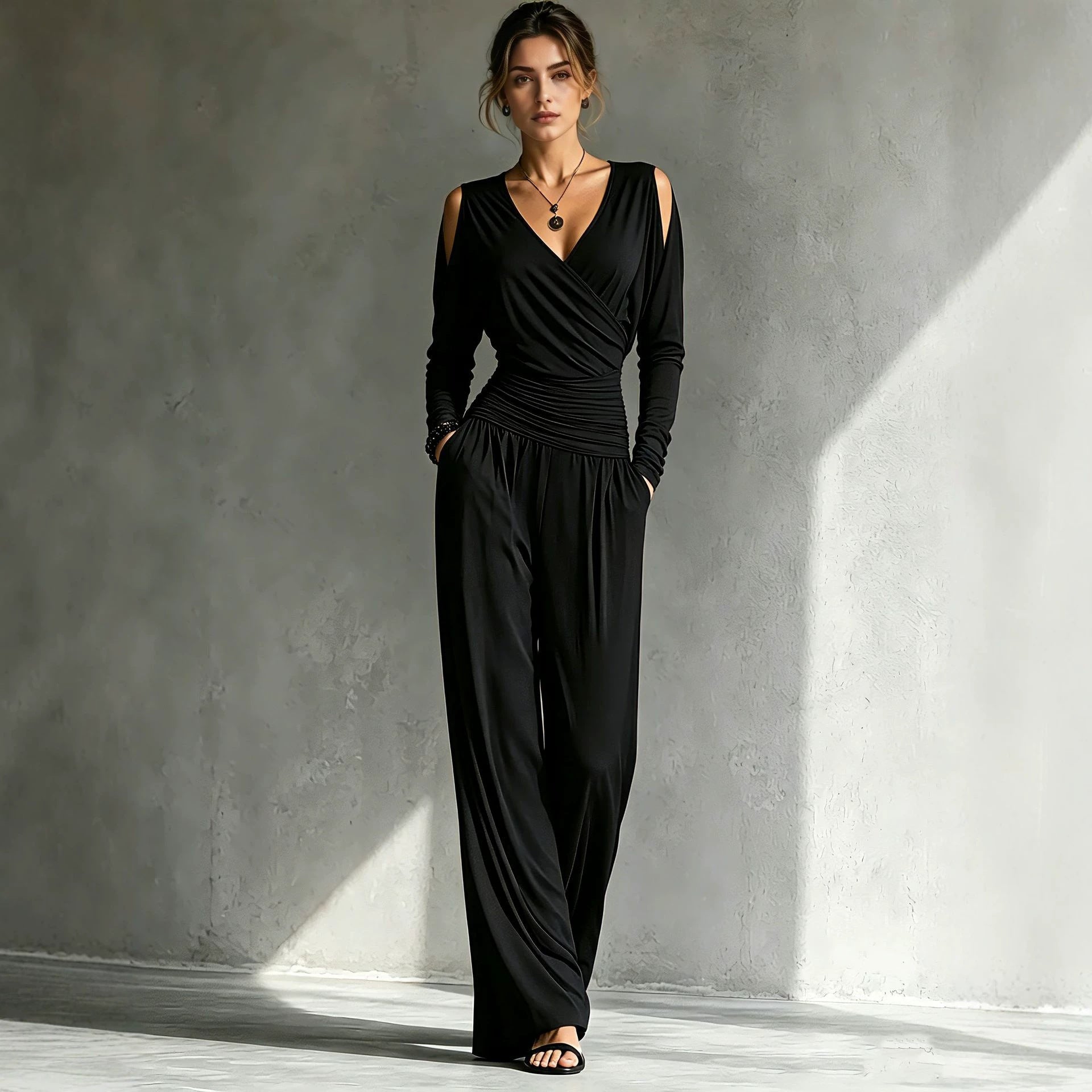 Wide-leg drape and side pocket of the one-piece knit jumpsuit