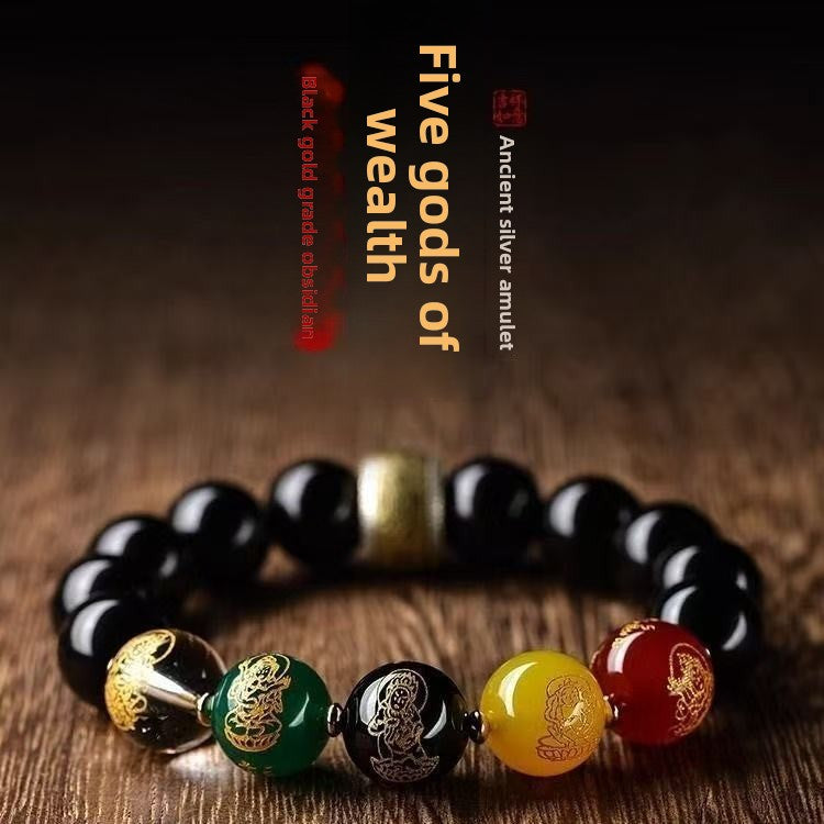 Five-Way God of Wealth Obsidian Bracelet