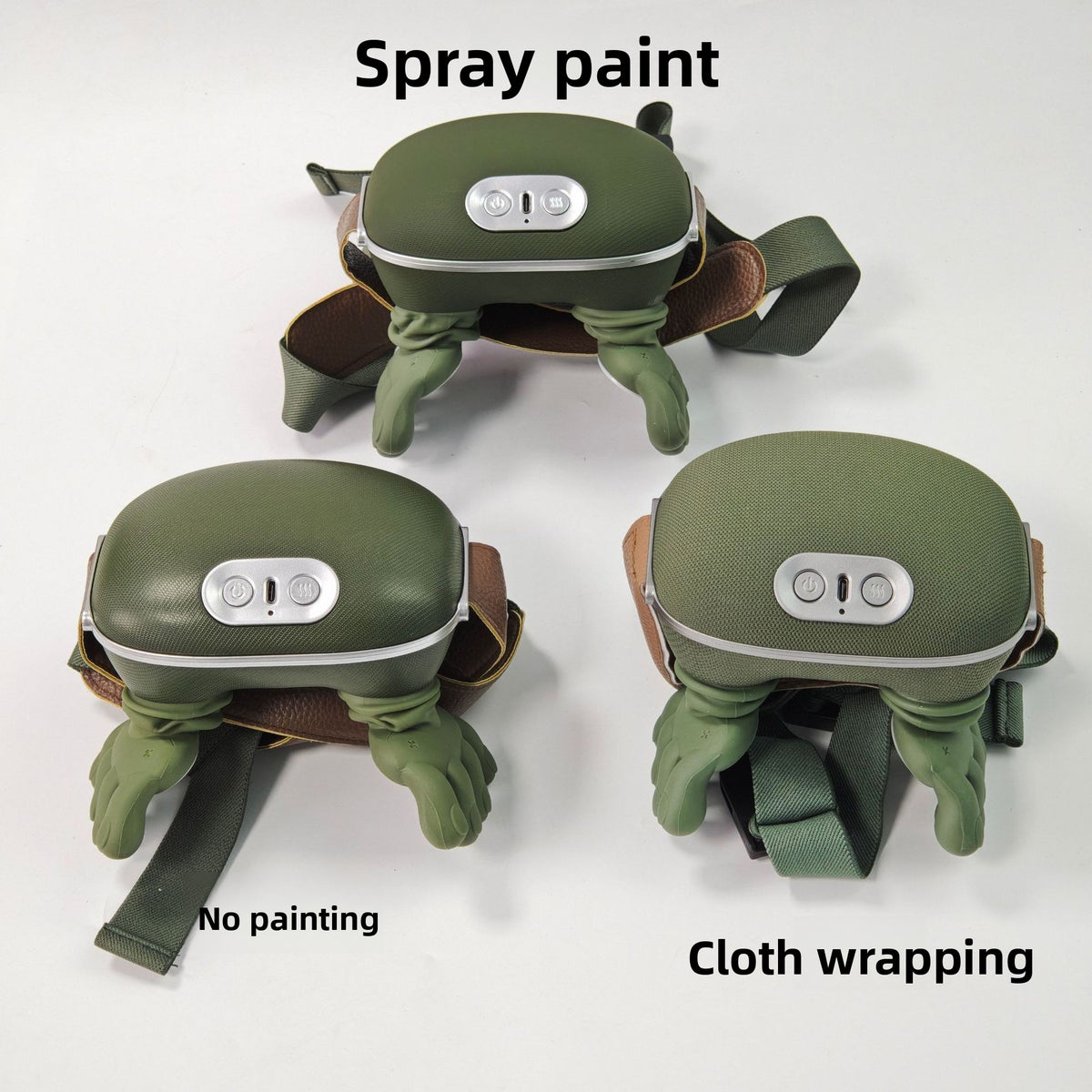 Strap on neck and shoulder massager in olive green with an elastic band and kneading nodes